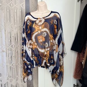Ceres Silk-Blend Printed Blouse in Navy, White & Gold